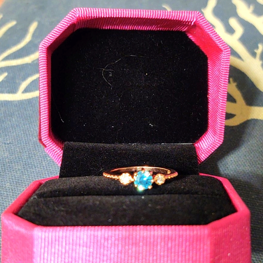 Aquamarine and topaz rose gold over silver ring